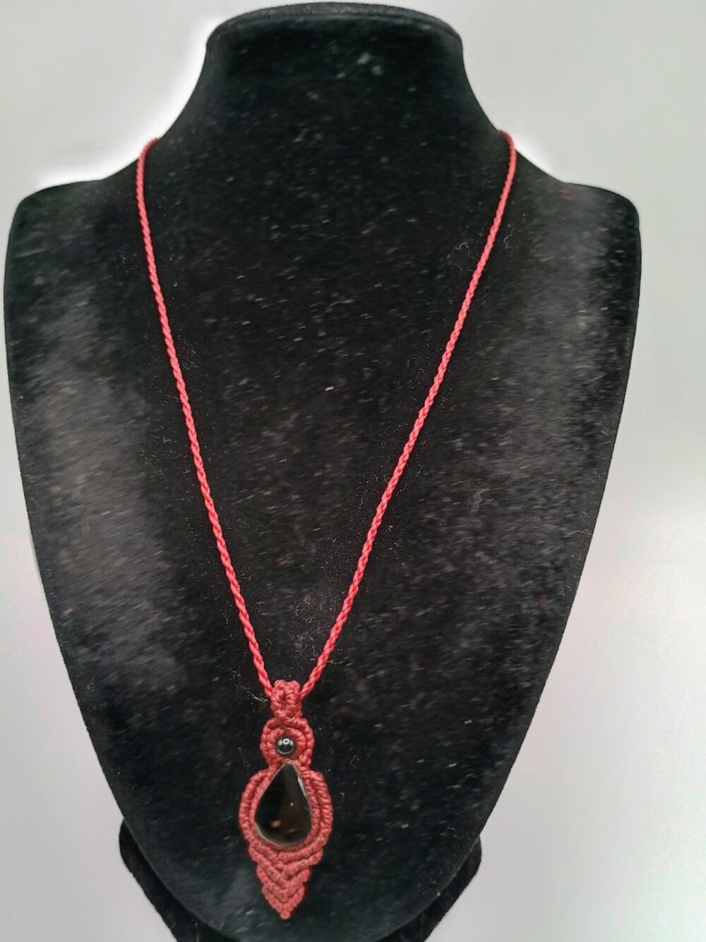 Red Macrame Necklace with Natural Black Onyx Stone - Spiritual Amulet